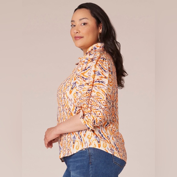 Democracy Below Elbow Sleeve Curl Edge Ruffle Neck Woven Top Orange NWT 1X - Picture 2 of 9